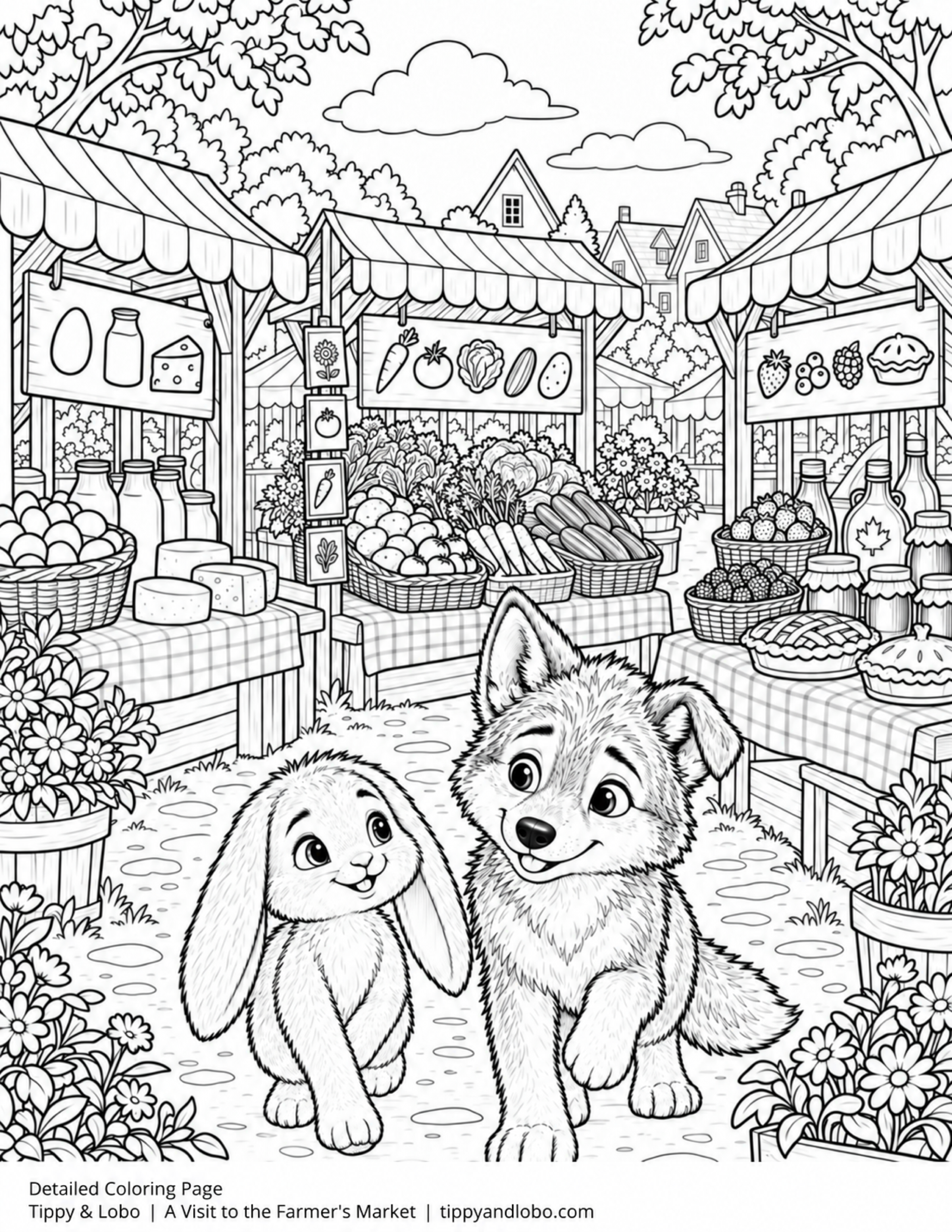 Detailed Coloring Page showing Tippy and Lobo exploring the farmers market
