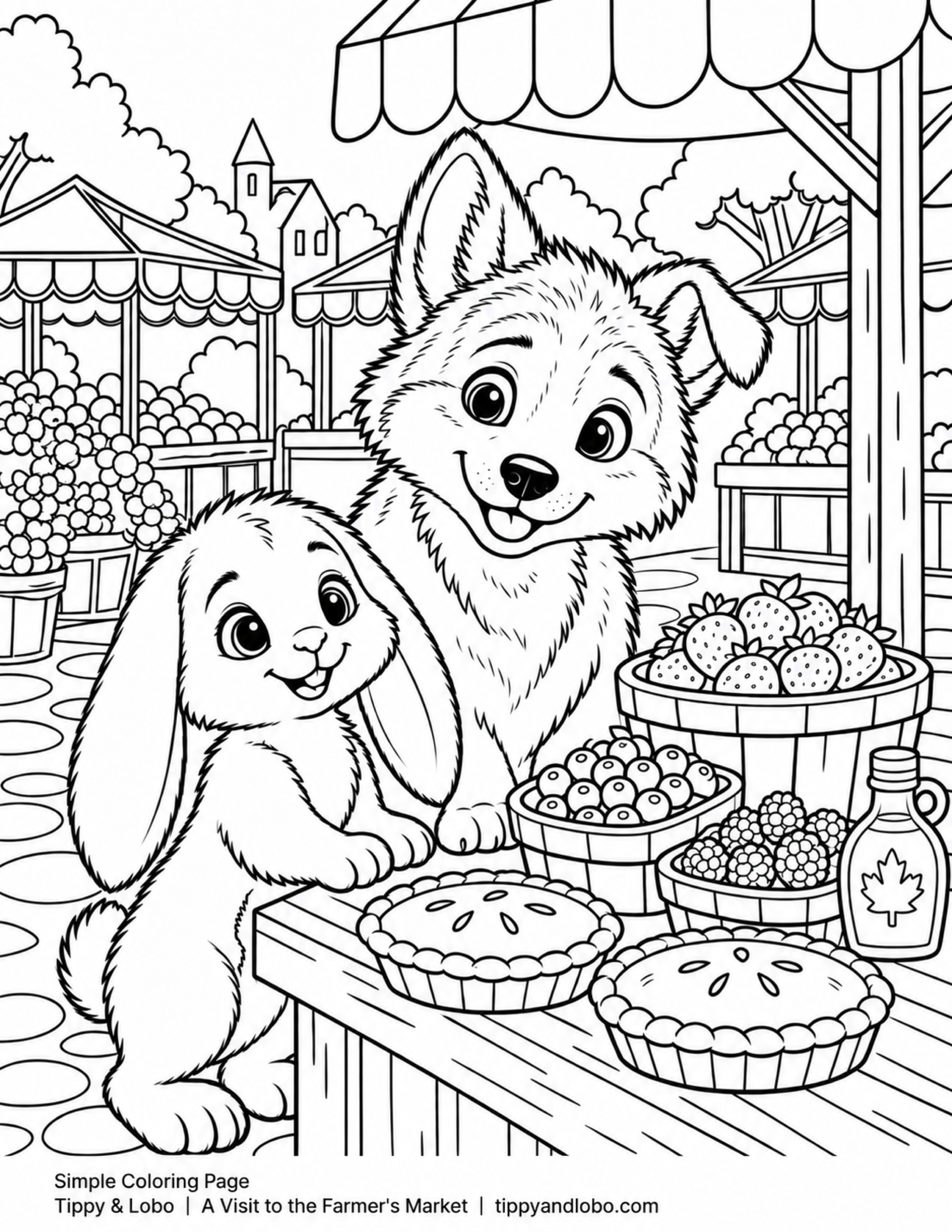 Simple Coloring Page showing Tippy and Lobo at the berry-and-baking market stand