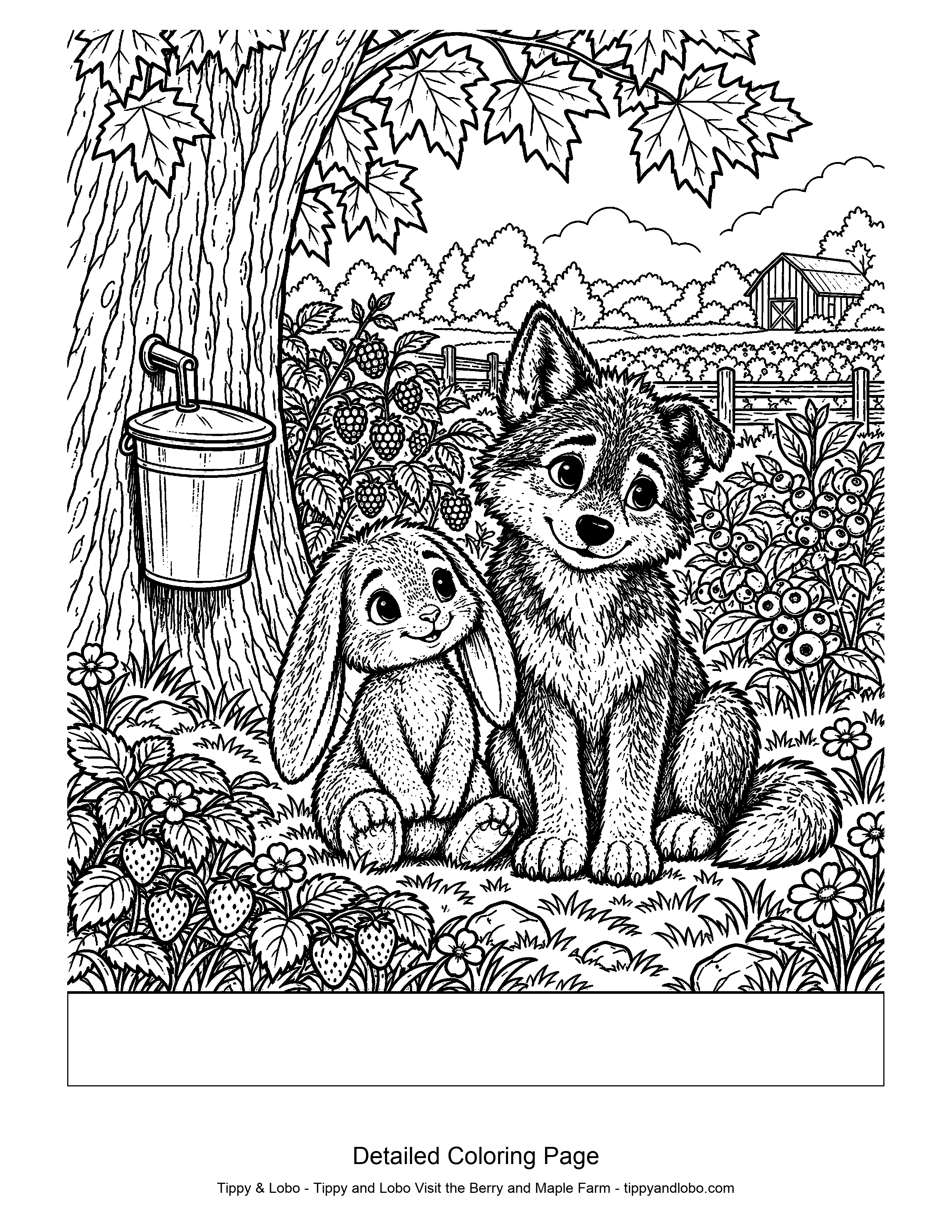 Detailed Coloring Page showing Tippy and Lobo beside a maple tree and berry plants