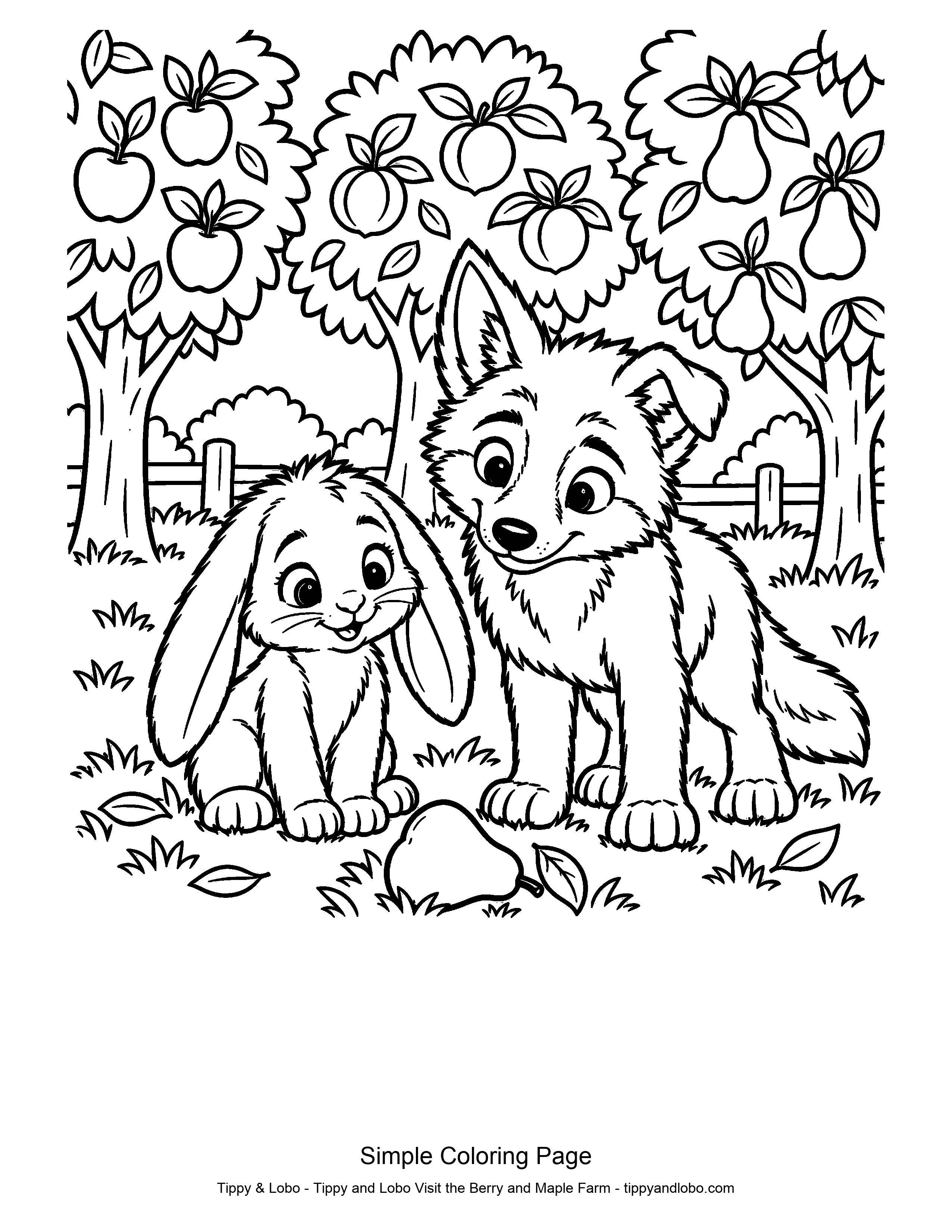 Simple Coloring Page showing Tippy and Lobo observing a fallen pear in the orchard