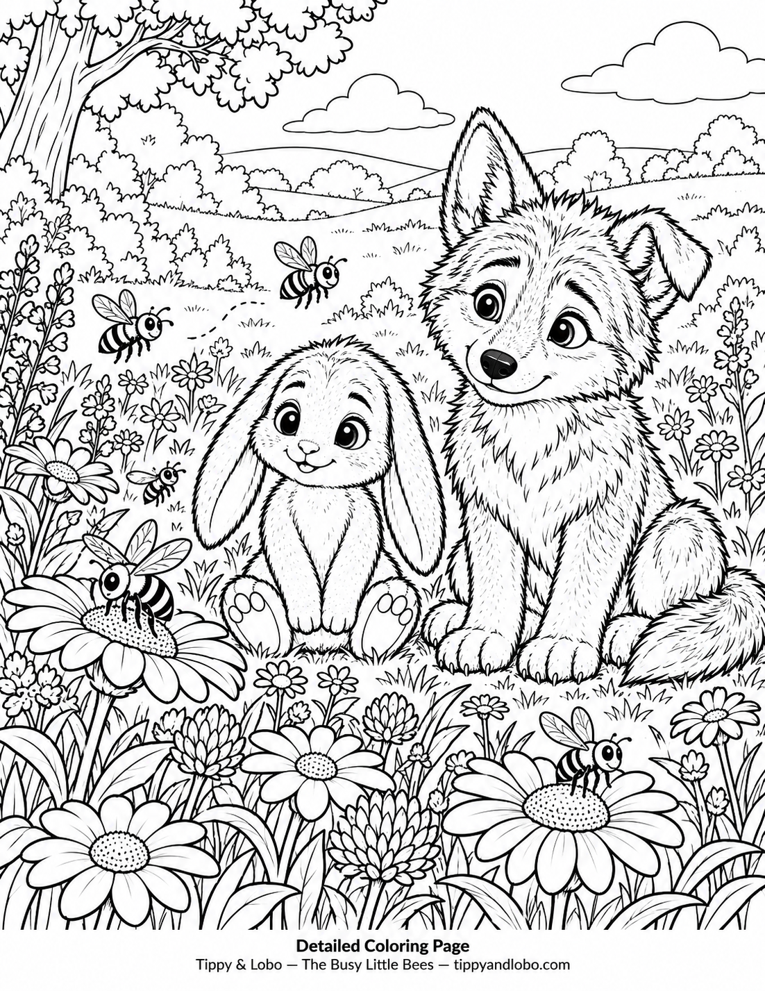 Detailed Coloring Page showing Tippy and Lobo observing bees and flowers