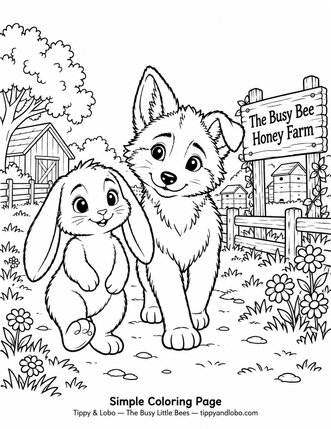 Simple Coloring Page showing Tippy and Lobo at The Busy Bee Honey Farm